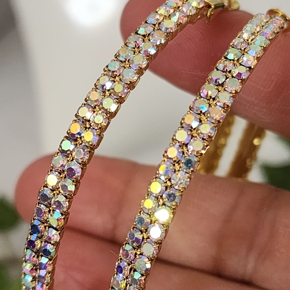 Large Gold Hoop Earrings AB Iridescent Crystals - Picture 8 of 8